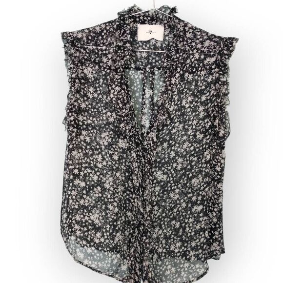 7 For‎ All Mankind | Sleeveless Ruffle Top Sz M | Black White Print | Coquette - Picture 1 of 8